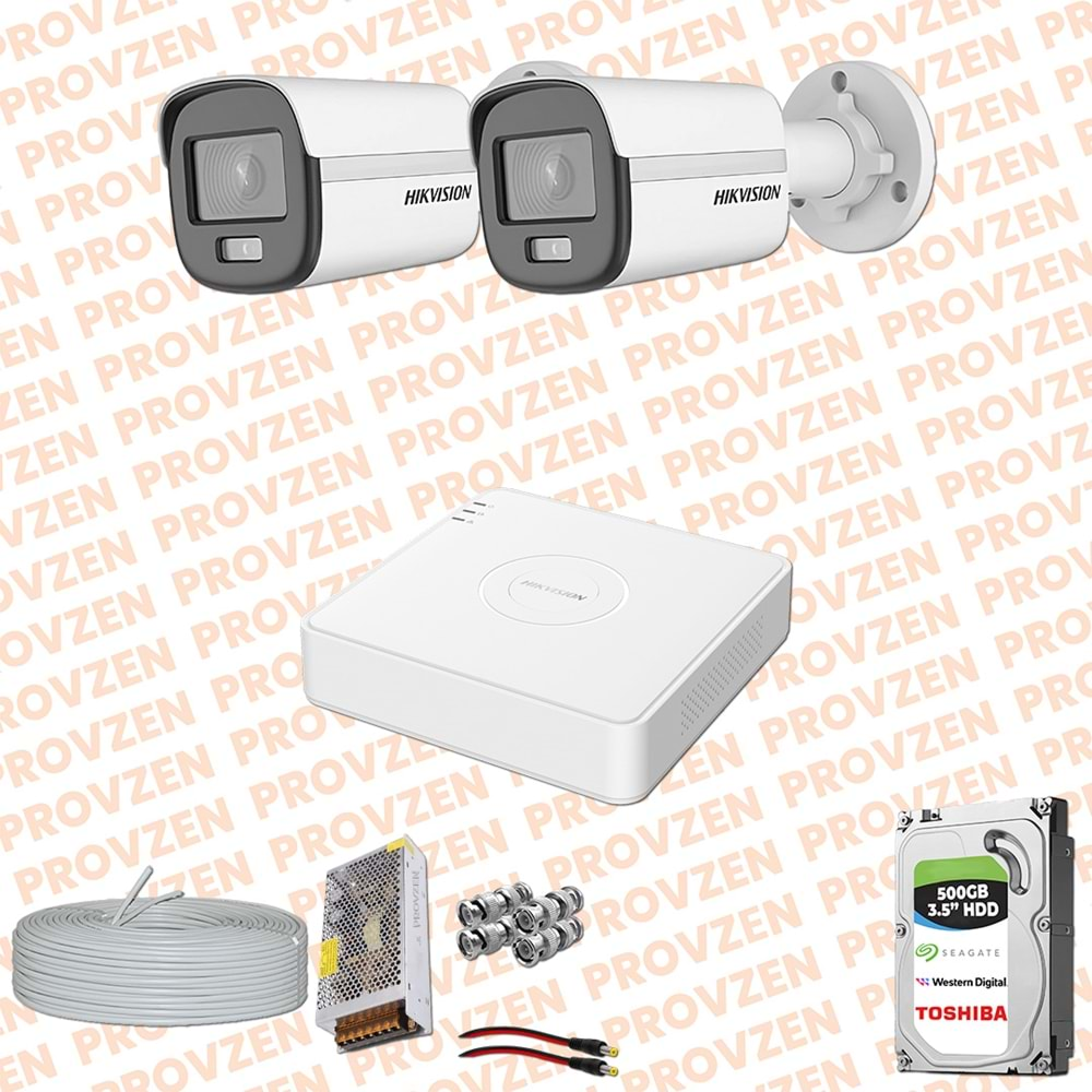 PROVZEN HIKVISION COLORVU GECE RENKLİ 2 KAMERALI SET 500GB HDD