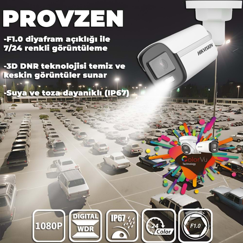 PROVZEN HIKVISION COLORVU GECE RENKLİ 3 KAMERALI SET 500GB HDD