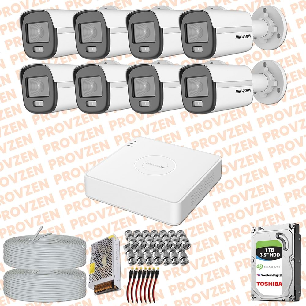 PROVZEN HIKVISION COLORVU GECE RENKLİ 8 KAMERALI SET 1TB HDD