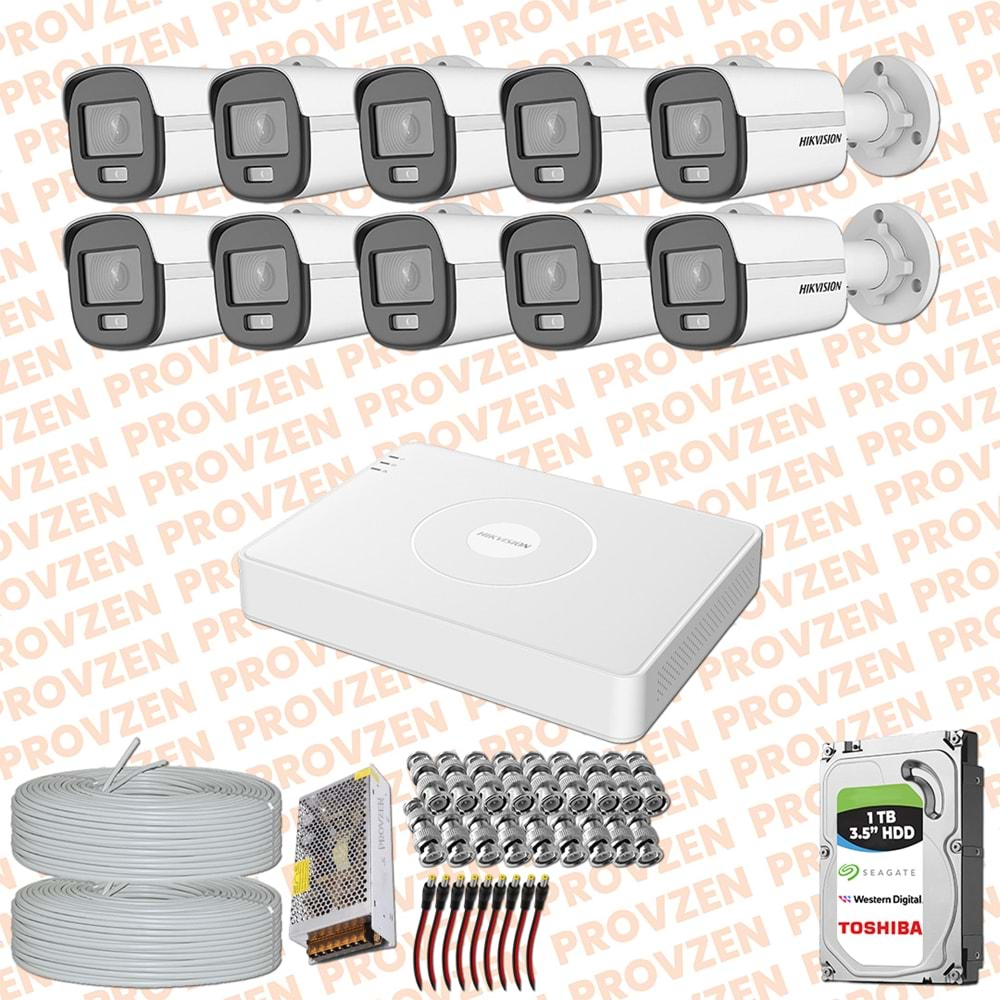 PROVZEN HIKVISION COLORVU GECE RENKLİ 10 KAMERALI SET 1TB HDD