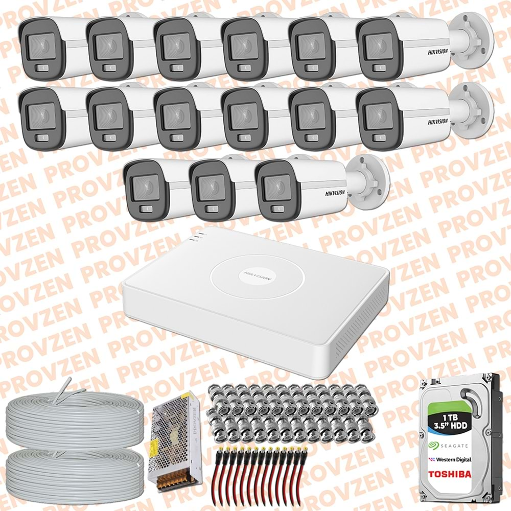 PROVZEN HIKVISION COLORVU GECE RENKLİ 15 KAMERALI SET 1TB HDD