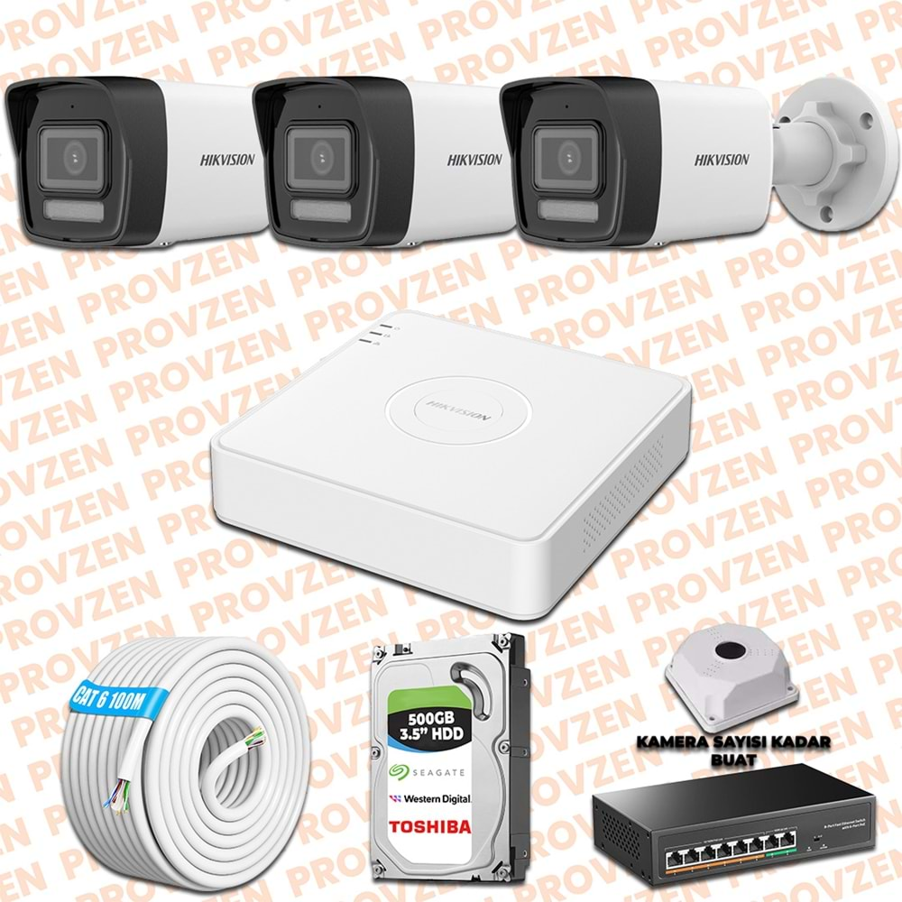 PROVZEN HIKVISION İP 3 KAMERALI SET 1080P COLORVU MİKROFONLU