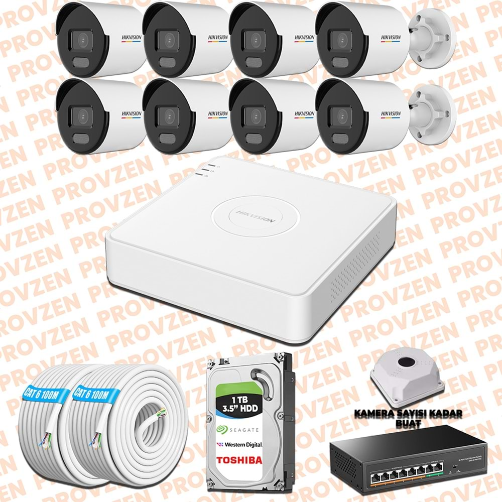 PROVZEN HIKVISION 8 KAMERA İP SET 7/24 RENKLİ COLORVU MİKROFONLU