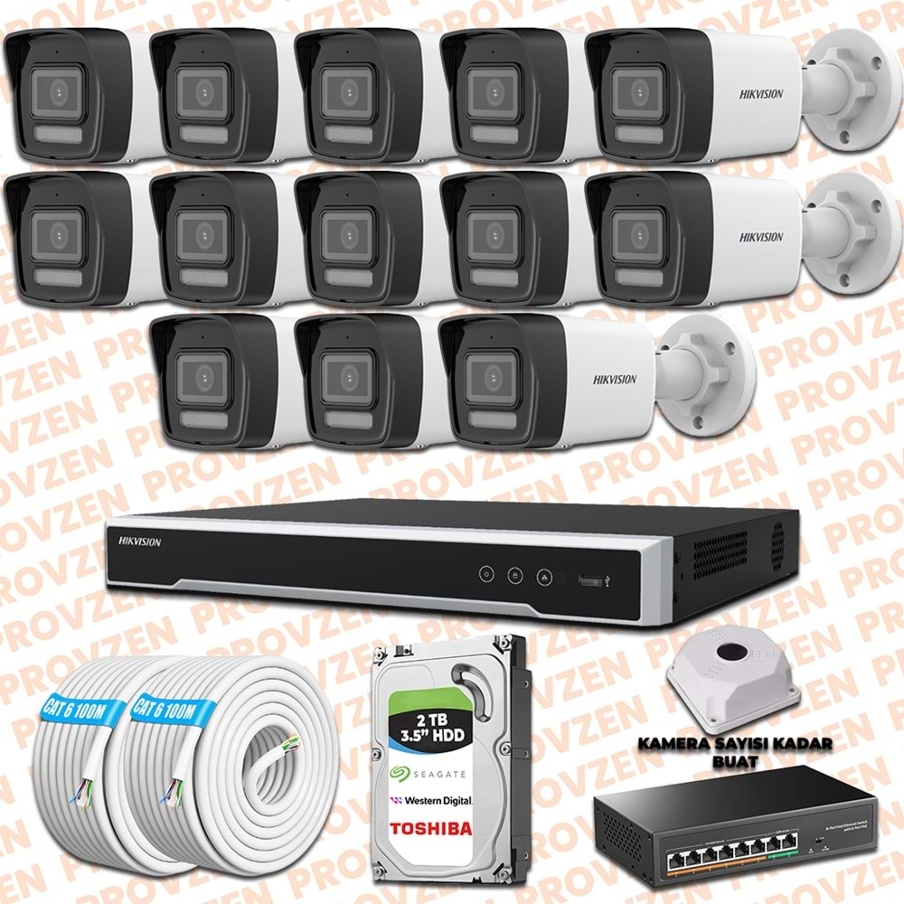 PROVZEN HIKVISION 13 İP KAMERALI 4MP HİBRİT COLORVU KAMERA SETİ