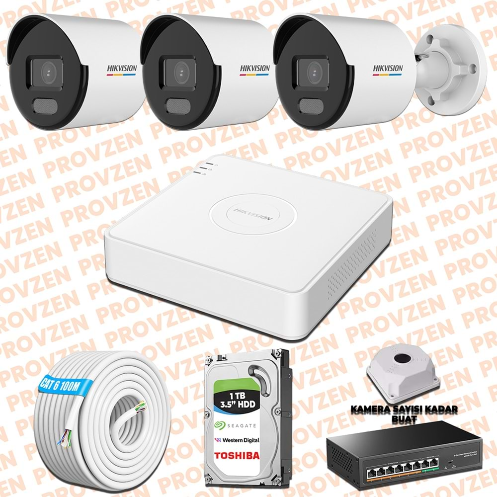 PROVZEN HIKVISION 3 İP KAMERALI 4MP COLORVU DAHİLİ MİKROFON SET