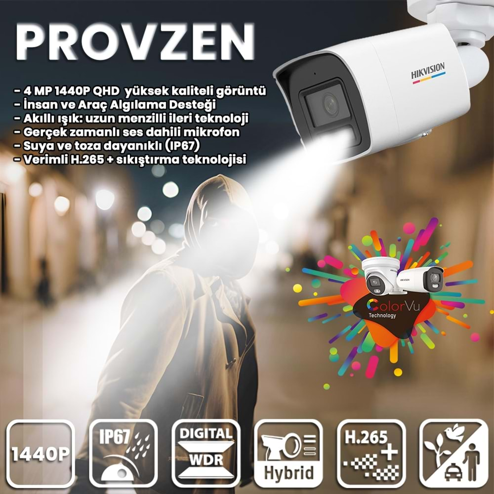 PROVZEN HIKVISION 2 İP GÜVENLİK KAMERASI SETİ 4MP COLORVU HİBRİT