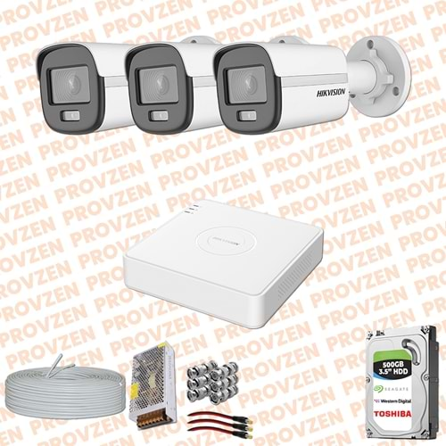 PROVZEN HIKVISION COLORVU GECE RENKLİ 3 KAMERALI SET 500GB HDD